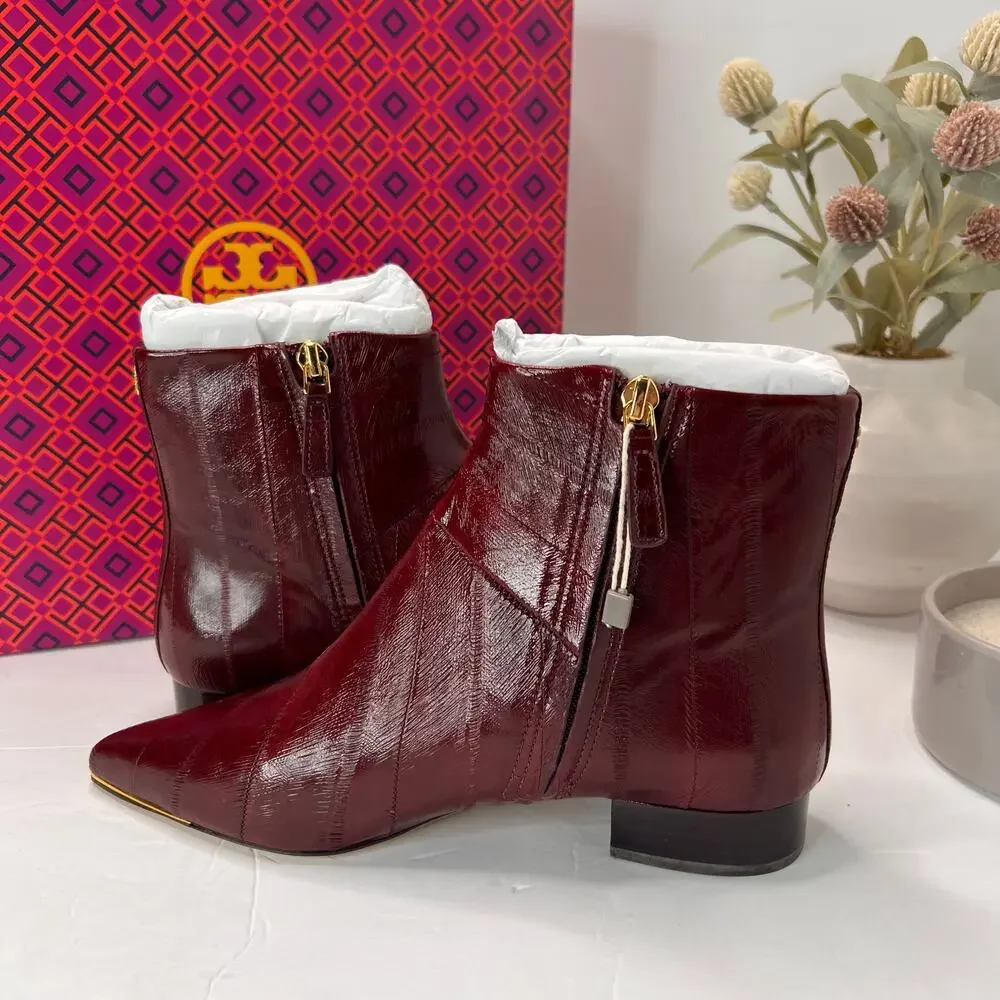 Tory Burch Lila 25mm Eel Leather Bootie Side Zip Wine Women's 5.5M NWB